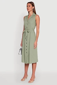 Womens Lapel Collar Tie Waist Belted Midi Dress,
