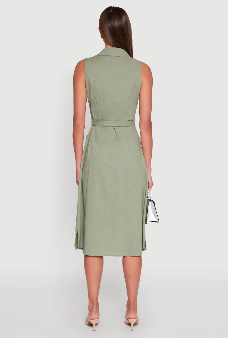 Womens Lapel Collar Tie Waist Belted Midi Dress,