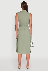 Womens Lapel Collar Tie Waist Belted Midi Dress,