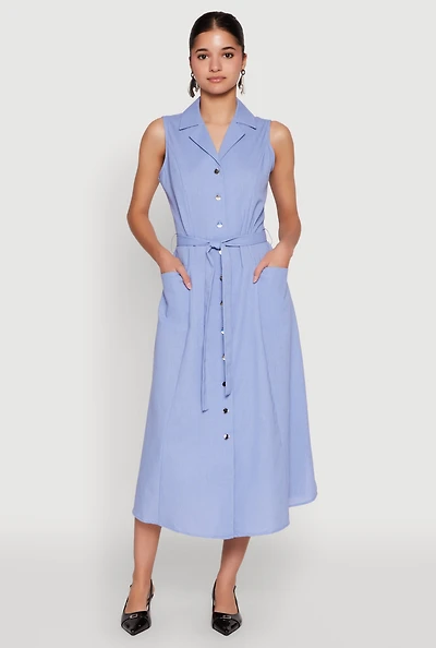 Womens Lapel Collar Tie Waist Belted Midi Dress,