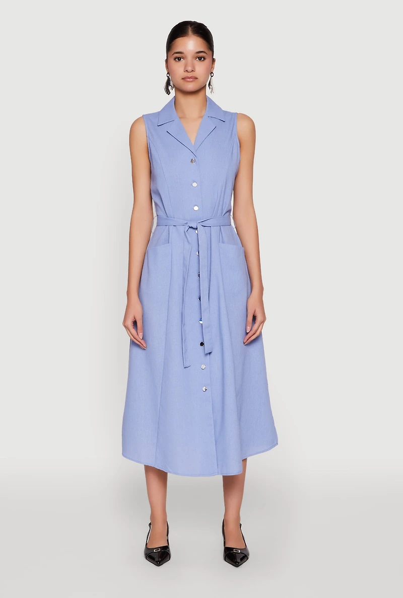 Womens Lapel Collar Tie Waist Belted Midi Dress, M