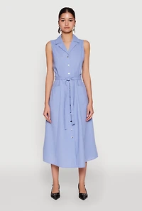 Womens Lapel Collar Tie Waist Belted Midi Dress, M