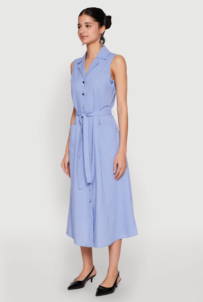 Womens Lapel Collar Tie Waist Belted Midi Dress, M