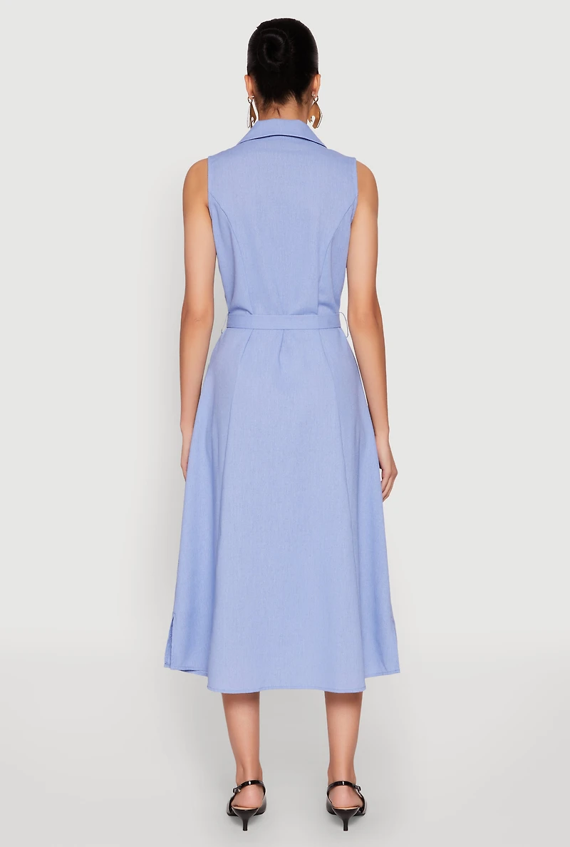 Womens Lapel Collar Tie Waist Belted Midi Dress, M