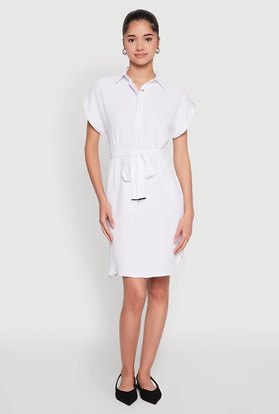 Womens Crepe Knit Tie Waist Belted Shirt Dress, White, Size S