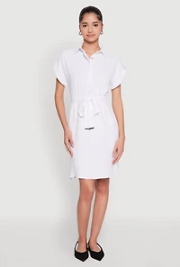 Womens Crepe Knit Tie Waist Belted Shirt Dress, White, Size S