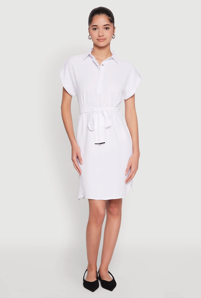 Crepe Knit Tie Waist Belted Shirt Dress