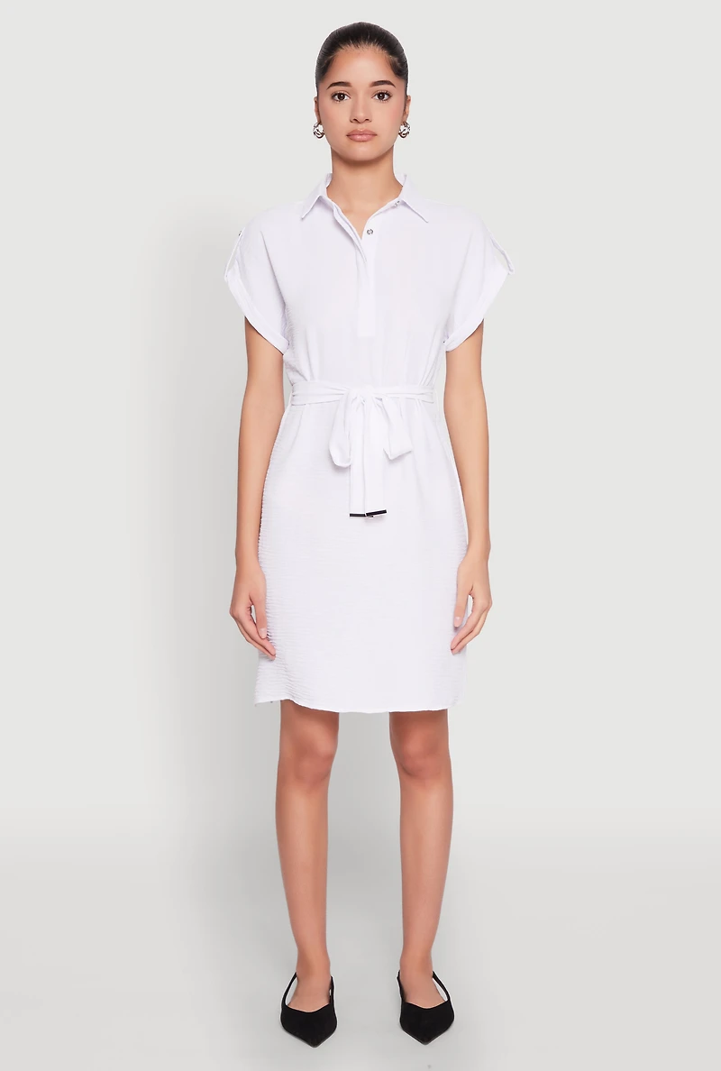Womens Crepe Knit Tie Waist Belted Shirt Dress, White, Size M
