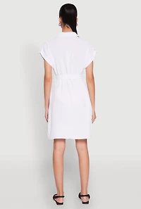 Womens Crepe Knit Tie Waist Belted Shirt Dress, White, Size S