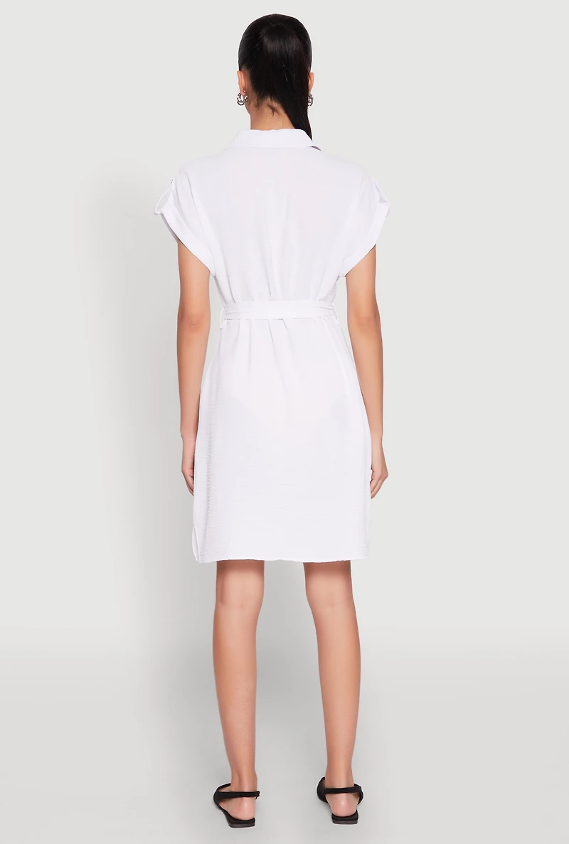Crepe Knit Tie Waist Belted Shirt Dress