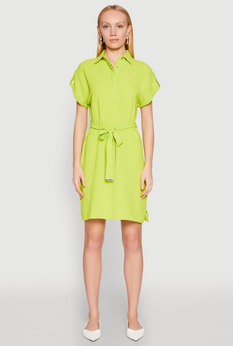 Womens Crepe Knit Tie Waist Belted Shirt Dress, S