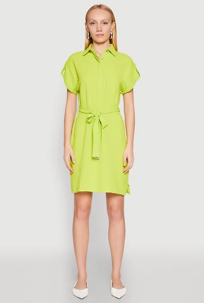 Crepe Knit Tie Waist Belted Shirt Dress