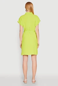 Womens Crepe Knit Tie Waist Belted Shirt Dress, S