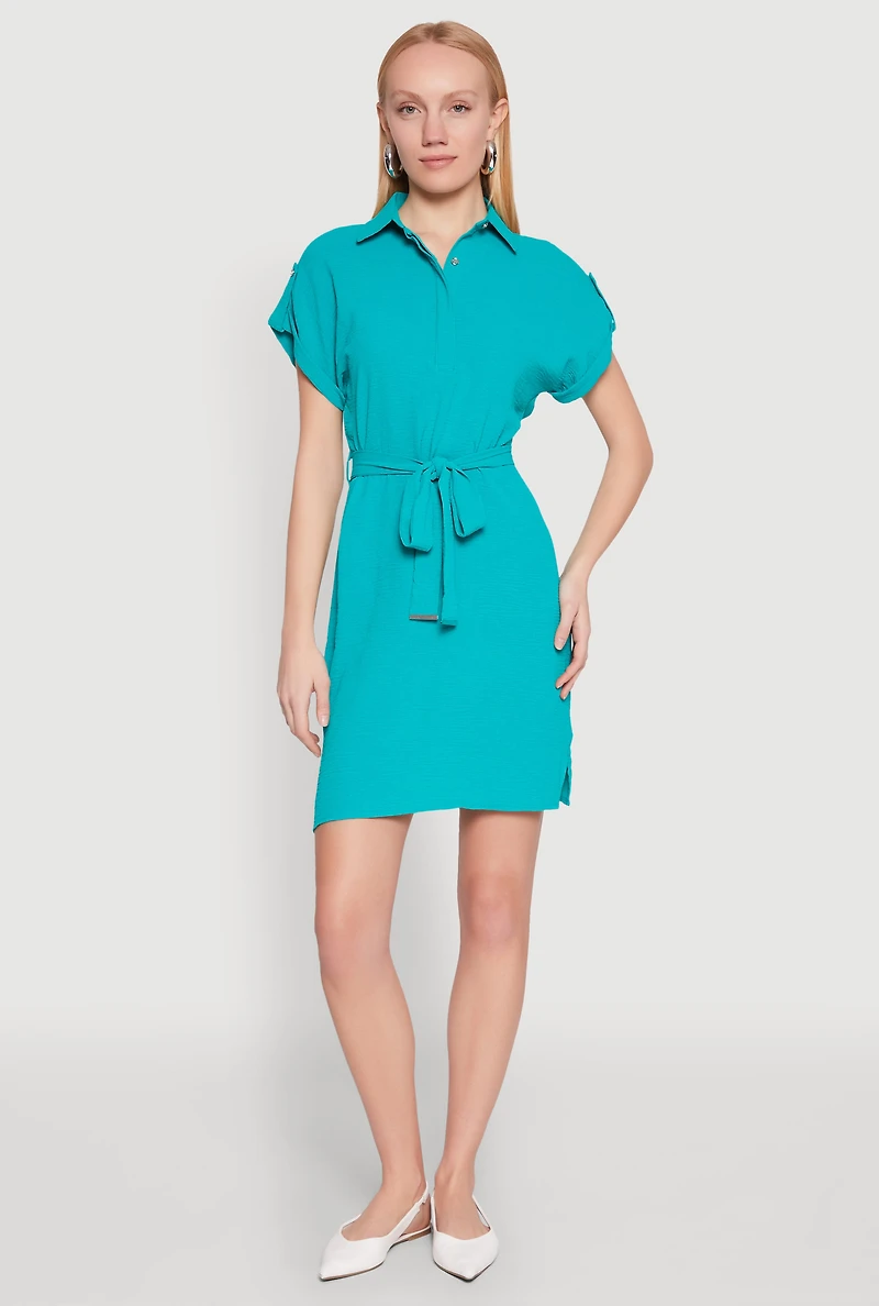 Crepe Knit Tie Waist Belted Shirt Dress
