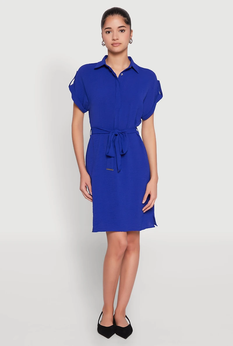 Crepe Knit Tie Waist Belted Shirt Dress