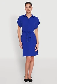 Crepe Knit Tie Waist Belted Shirt Dress