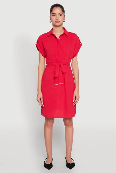 Womens Crepe Knit Tie Waist Belted Shirt Dress, Red, Size M
