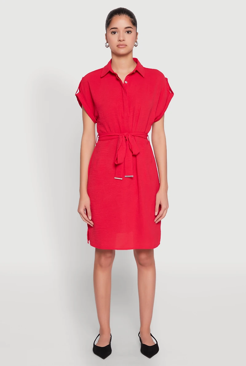 Crepe Knit Tie Waist Belted Shirt Dress