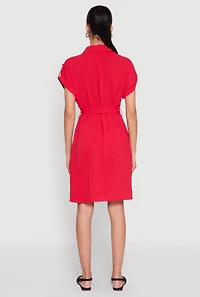 Womens Crepe Knit Tie Waist Belted Shirt Dress, Red, Size M