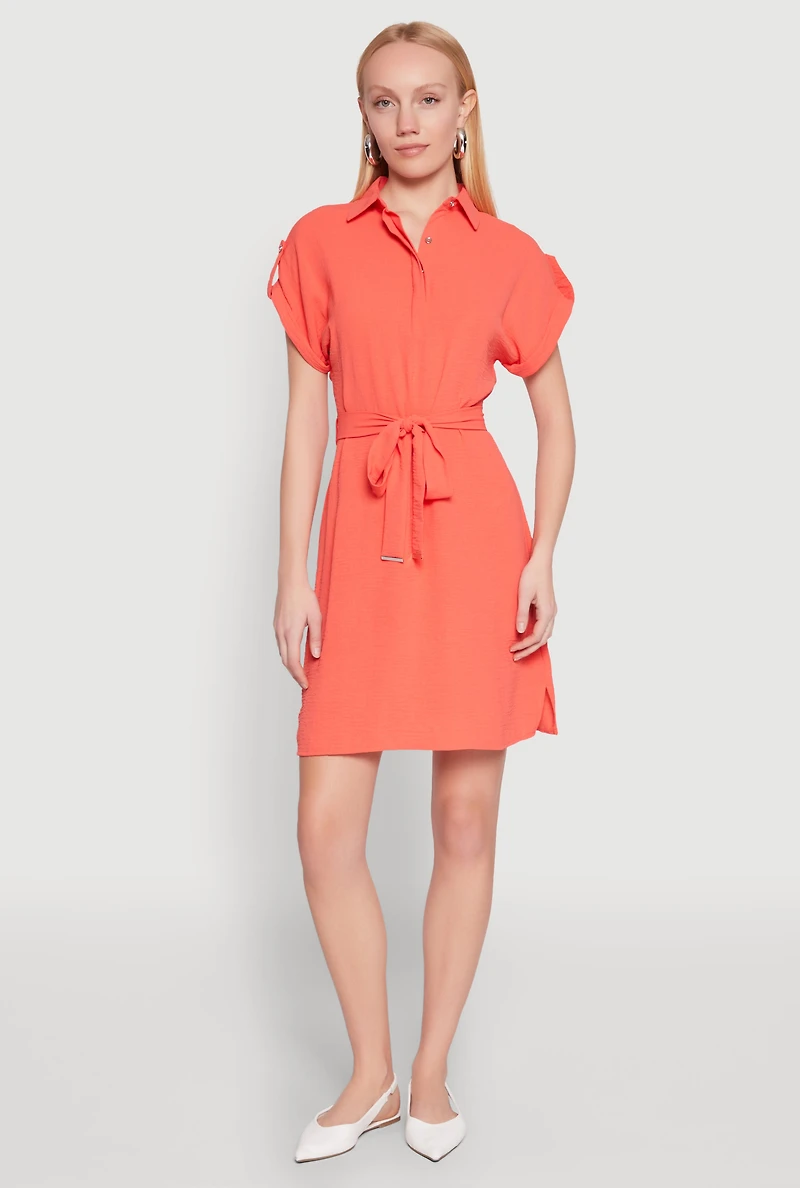 Crepe Knit Tie Waist Belted Shirt Dress