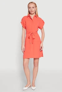 Crepe Knit Tie Waist Belted Shirt Dress