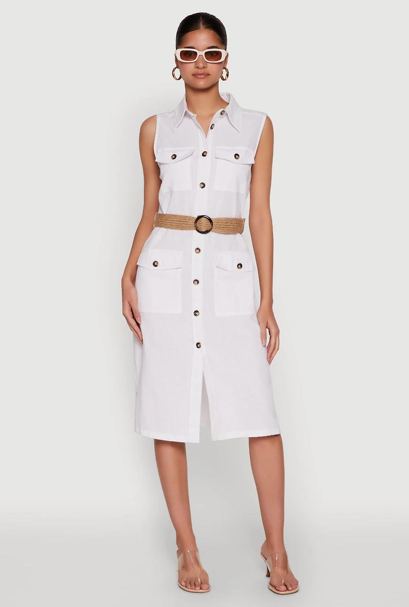 Womens O Ring Belted Sleeveless Utility Dress, White, Size S