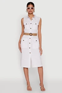 Womens O Ring Belted Sleeveless Utility Dress, White, Size S