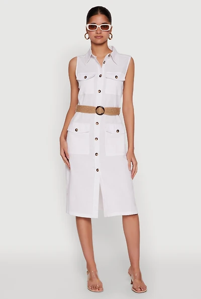 Womens O Ring Belted Sleeveless Utility Dress, White, Size M