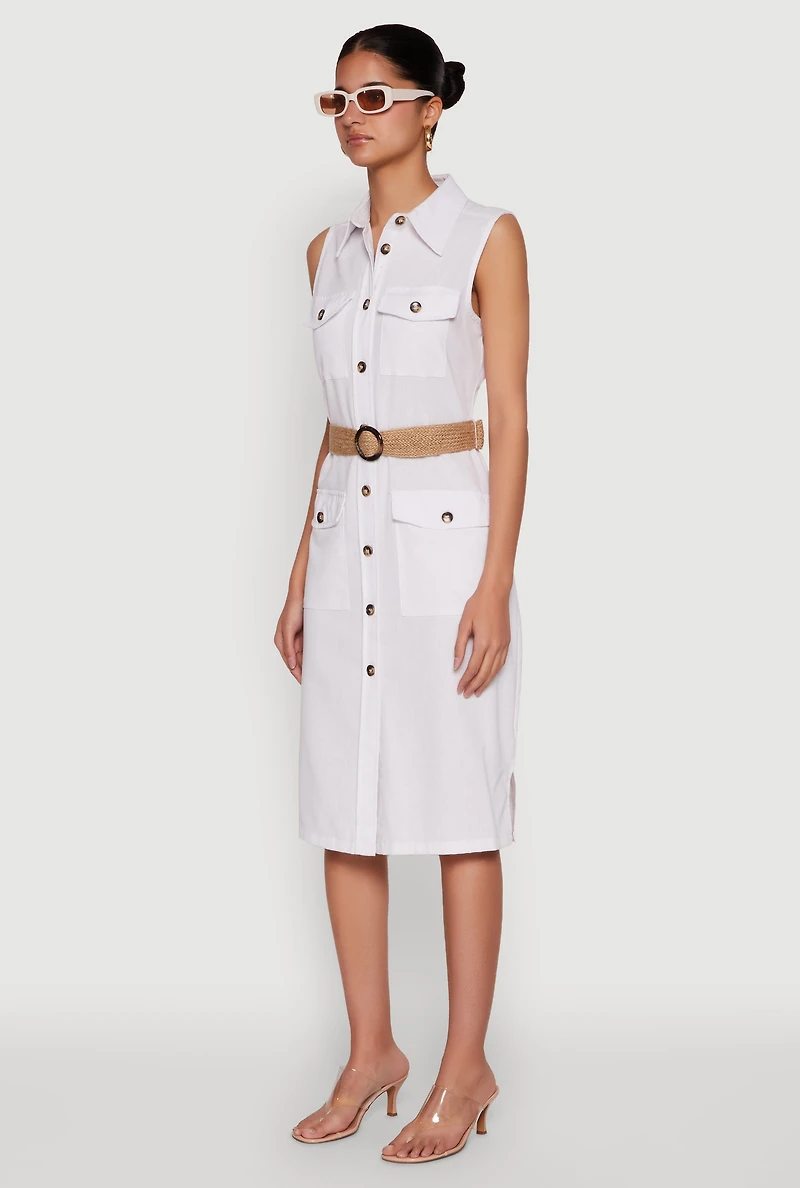 Womens O Ring Belted Sleeveless Utility Dress, White, Size S
