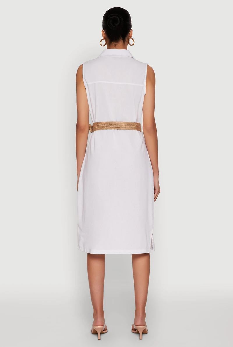 Womens O Ring Belted Sleeveless Utility Dress, White, Size S