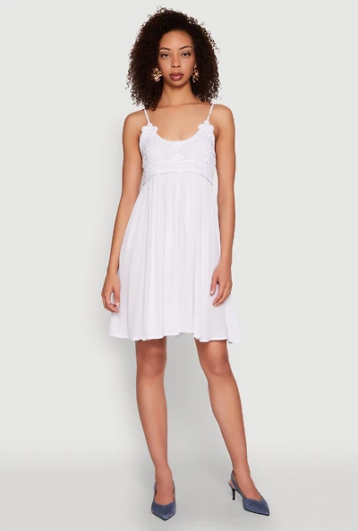 Womens Floral Crochet Detail Empire Waist Mini Dress, White,