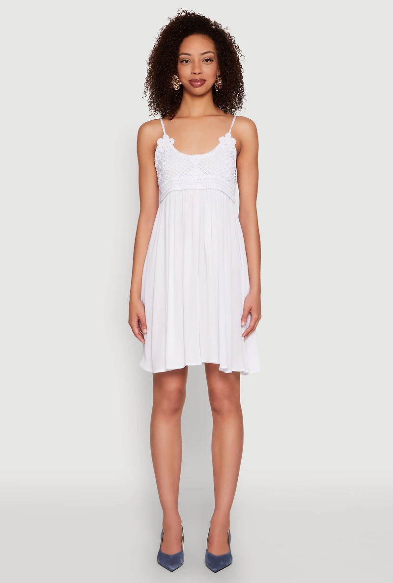 Womens Floral Crochet Detail Empire Waist Mini Dress, White,