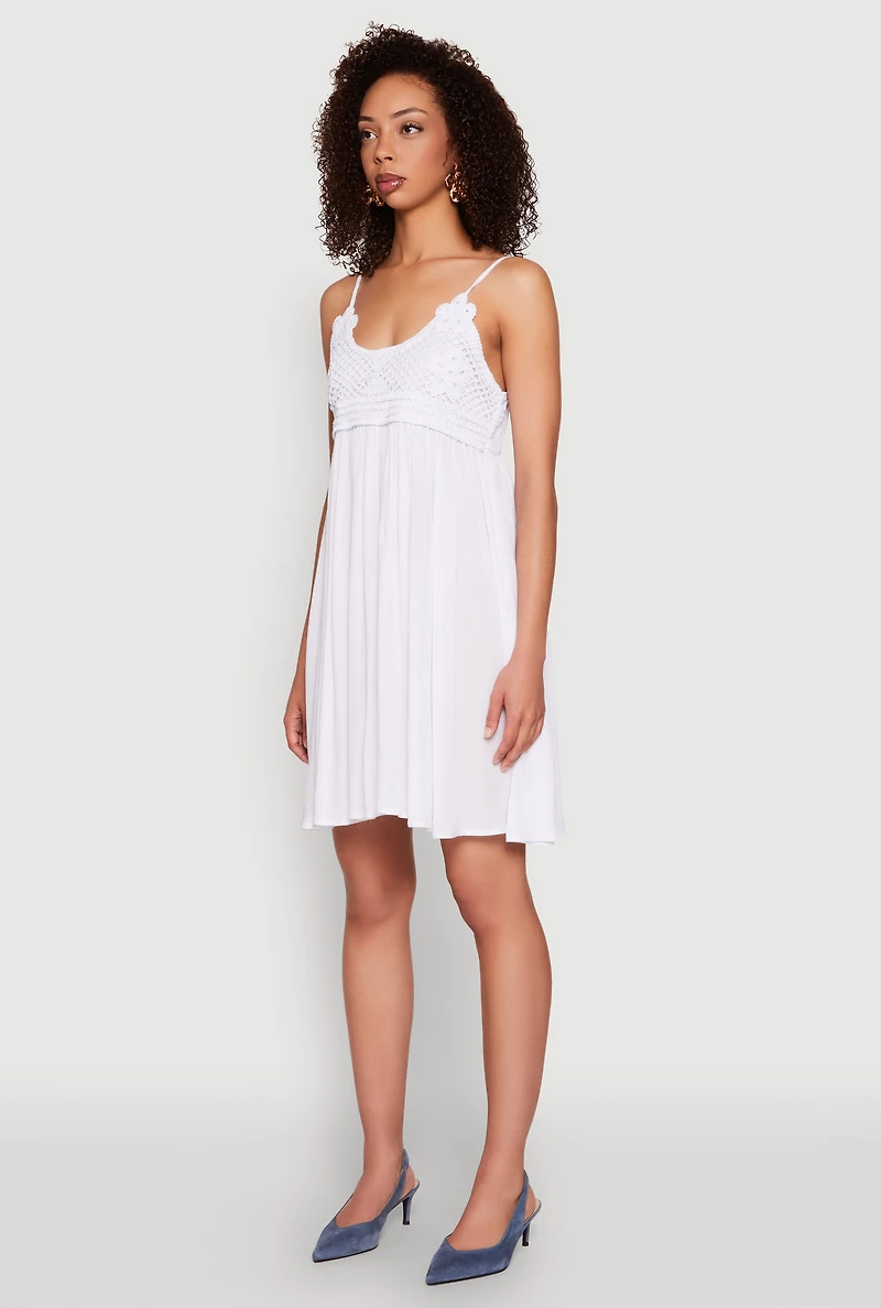 Womens Floral Crochet Detail Empire Waist Mini Dress, White,