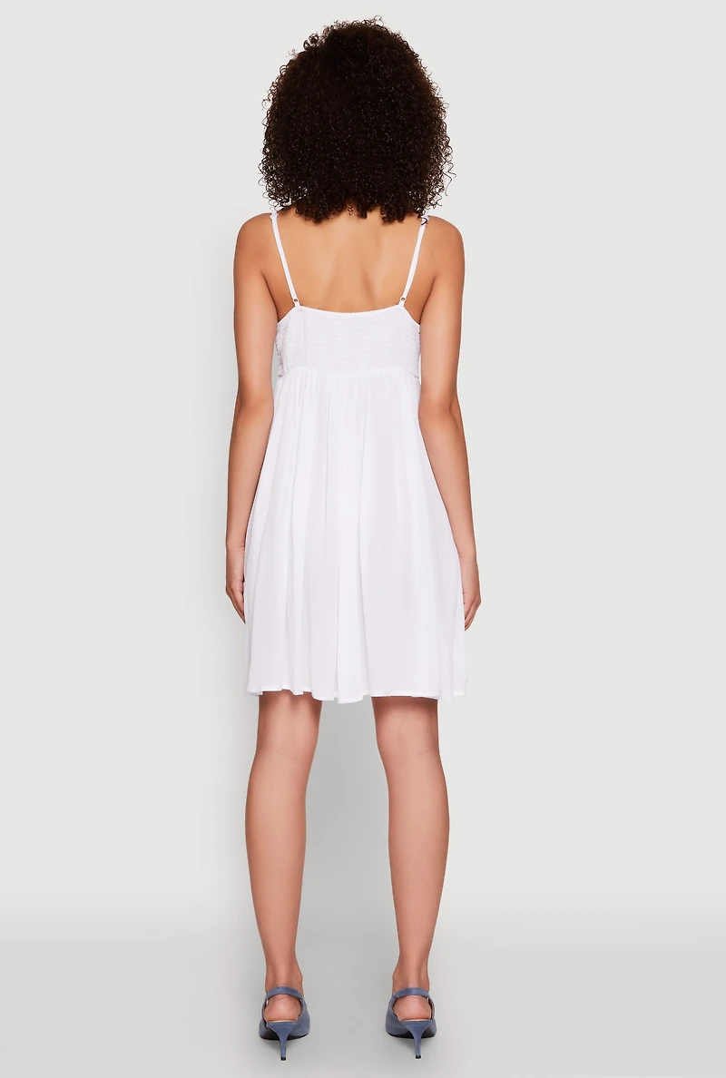 Womens Floral Crochet Detail Empire Waist Mini Dress, White,