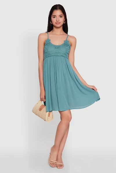 Womens Floral Crochet Detail Empire Waist Mini Dress,