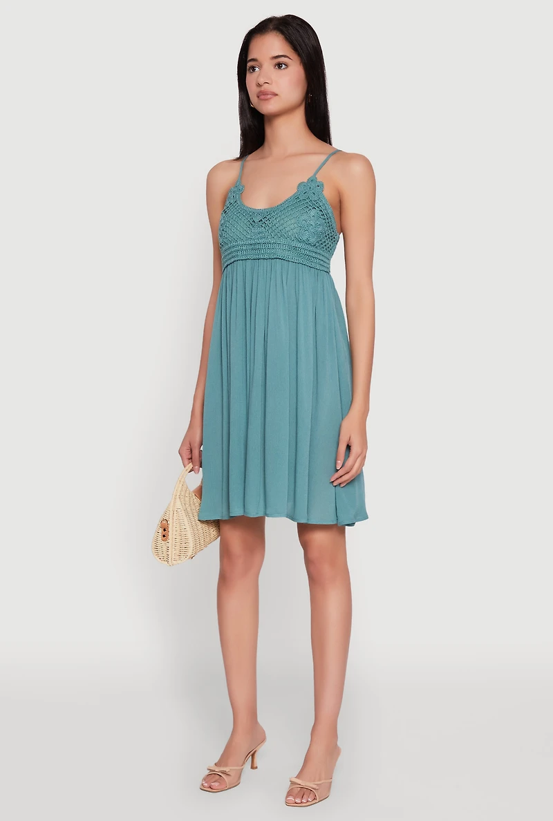 Womens Floral Crochet Detail Empire Waist Mini Dress,