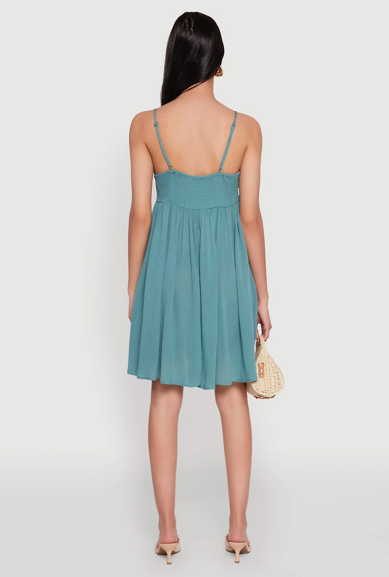 Womens Floral Crochet Detail Empire Waist Mini Dress,