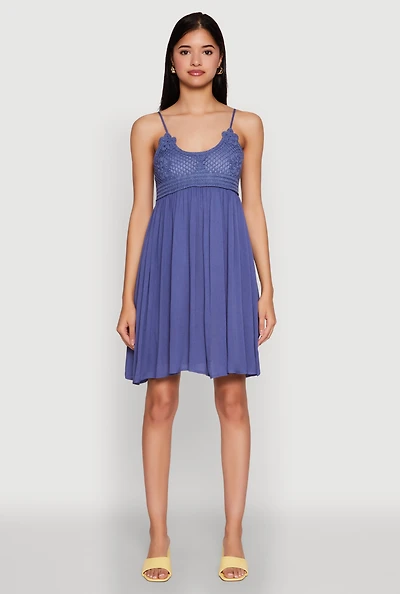 Womens Floral Crochet Detail Empire Waist Mini Dress,