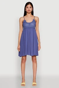 Womens Floral Crochet Detail Empire Waist Mini Dress,