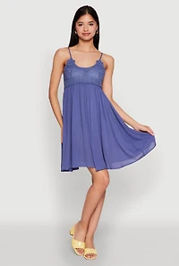 Womens Floral Crochet Detail Empire Waist Mini Dress,
