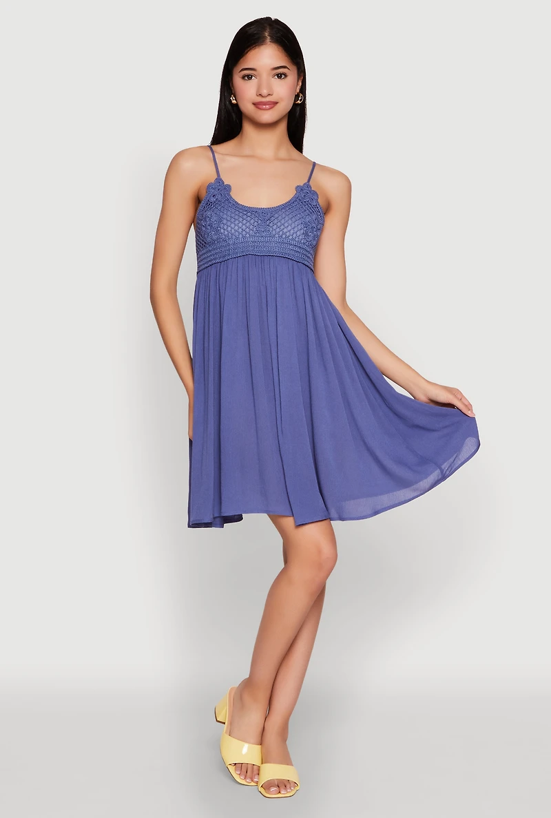 Womens Floral Crochet Detail Empire Waist Mini Dress, Blue, Size L