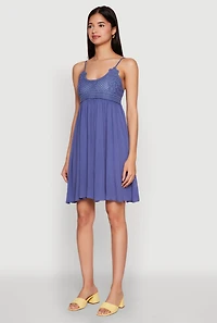 Womens Floral Crochet Detail Empire Waist Mini Dress,