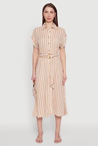 Womens Chic Striped Shirt Dress with O Ring Tie Waist Belt, Beige, Size S