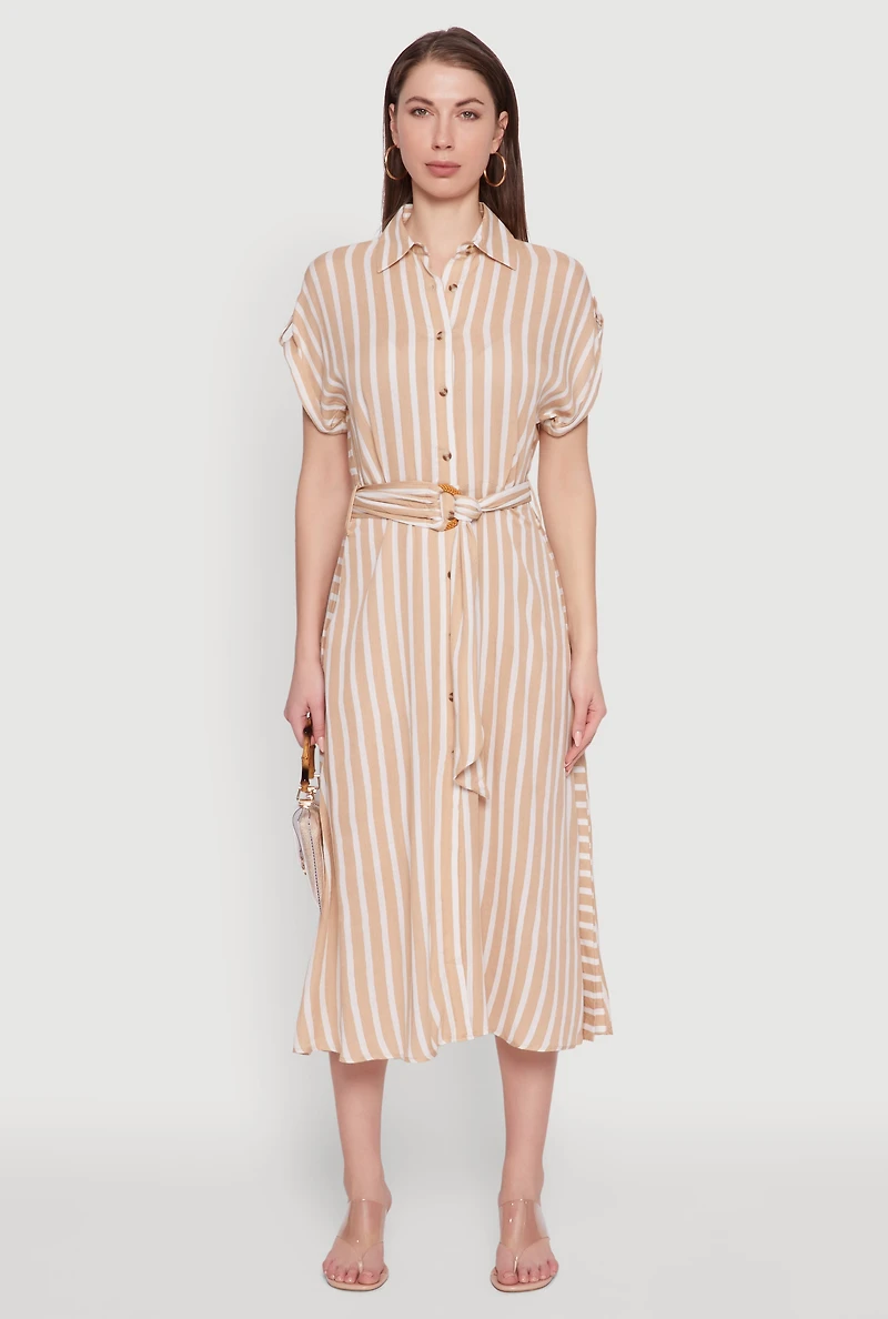 Womens Chic Striped Shirt Dress with O Ring Tie Waist Belt, Beige, Size L