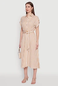 Womens Chic Striped Shirt Dress with O Ring Tie Waist Belt, Beige,