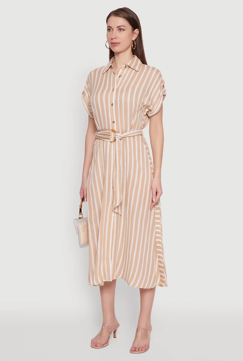 Womens Chic Striped Shirt Dress with O Ring Tie Waist Belt, Beige, Size L