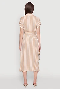 Womens Chic Striped Shirt Dress with O Ring Tie Waist Belt, Beige, Size S