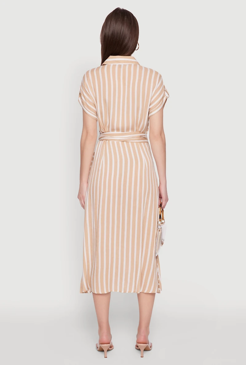 Womens Chic Striped Shirt Dress with O Ring Tie Waist Belt, Beige, Size L