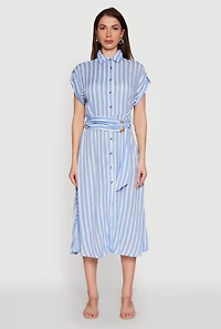 Womens Chic Striped Shirt Dress with O Ring Tie Waist Belt, Blue, Size L