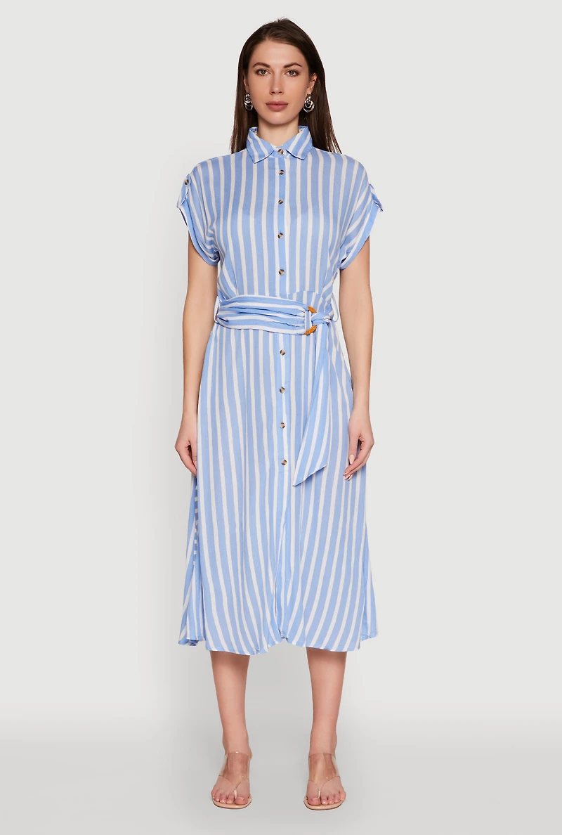 Womens Chic Striped Shirt Dress with O Ring Tie Waist Belt, Blue, Size L